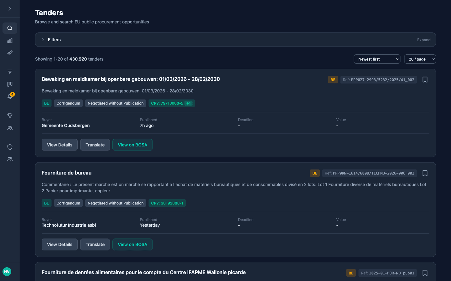 TenderPulse tenders page showing 470,000+ EU procurement opportunities with filters for country, CPV code, and source